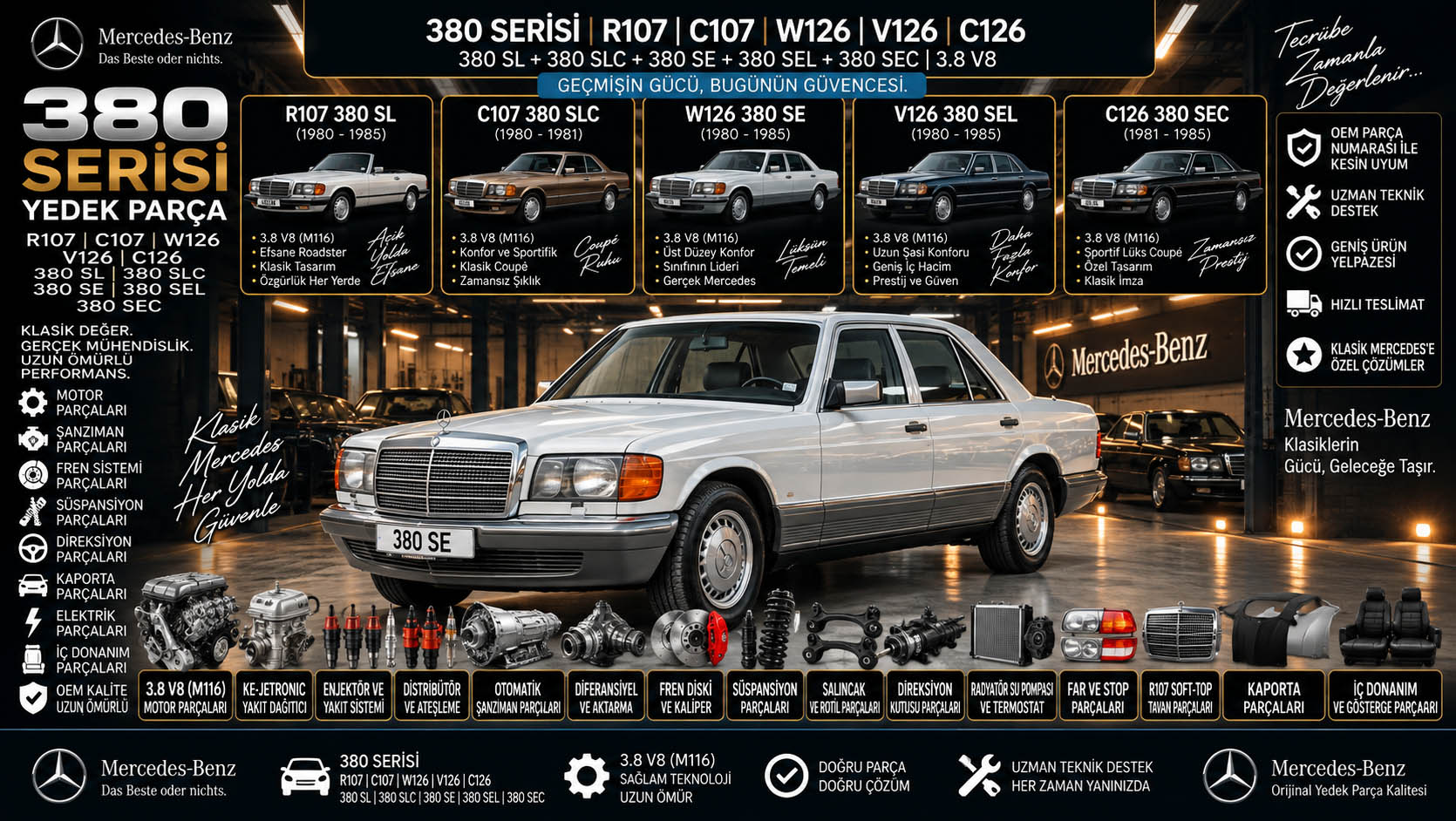 Mercedes 380 Serisi yedek parça R107 C107 W126 V126 C126 380 SL 380 SLC 380 SE 380 SEL 380 SEC V8 motor şanzıman fren süspansiyon ve kaporta parçaları