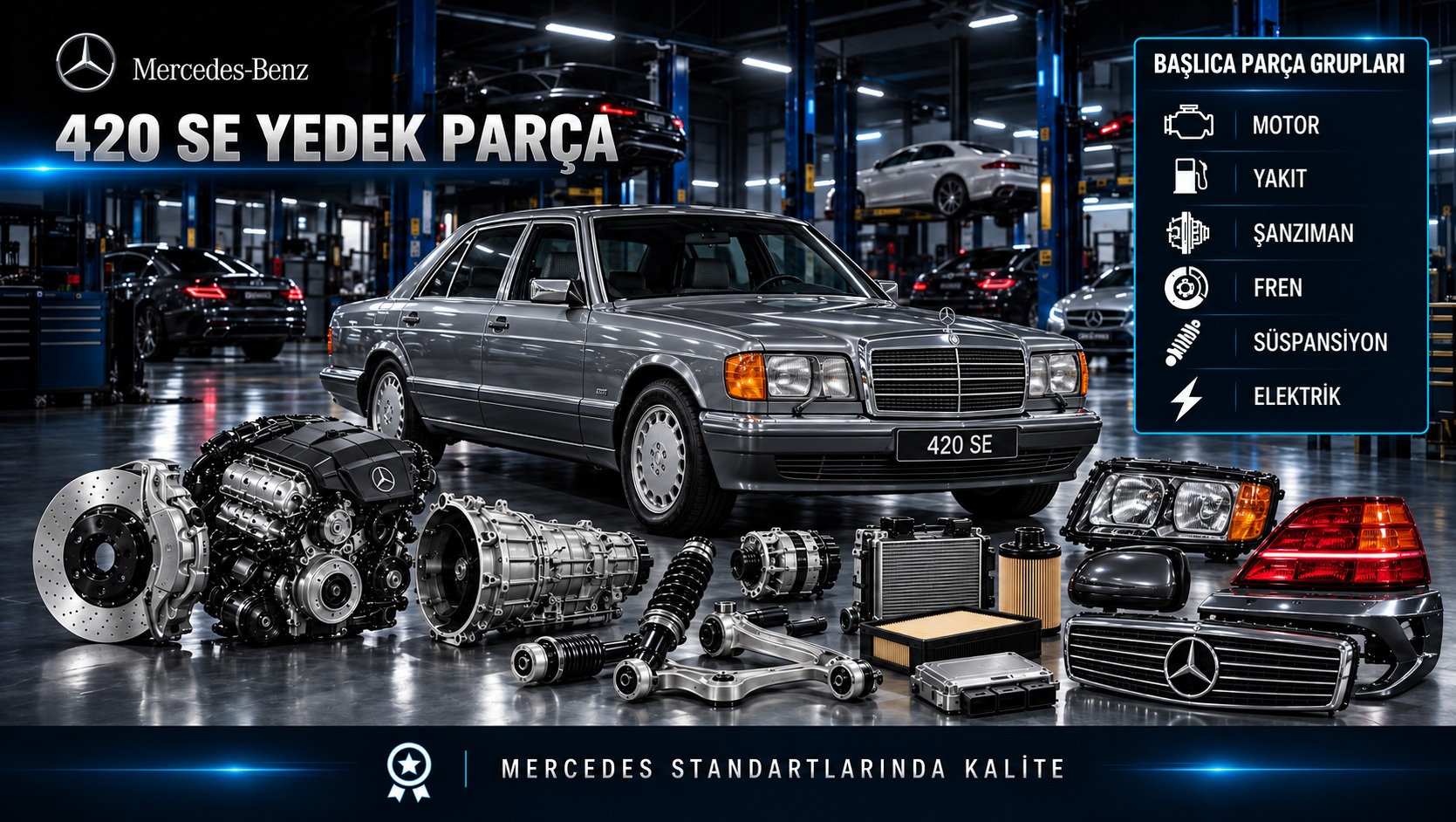 Mercedes-Benz 420 SE için motor, bakım, fren, süspansiyon ve klasik sedan parçalarını gösteren kategori bannerı