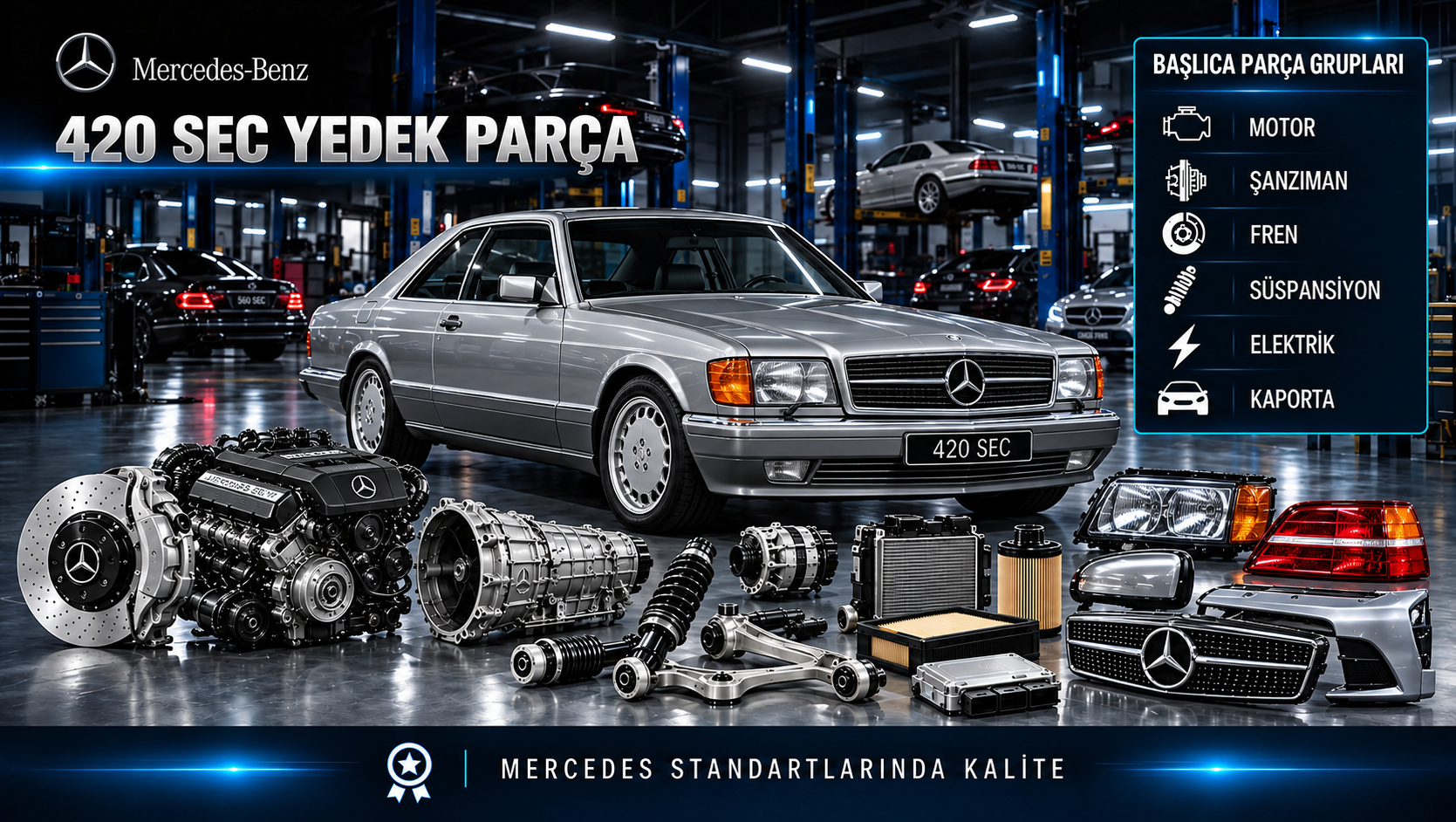 Mercedes-Benz 420 SEC coupe için motor, bakım, fren, cam ve gövde parçaları