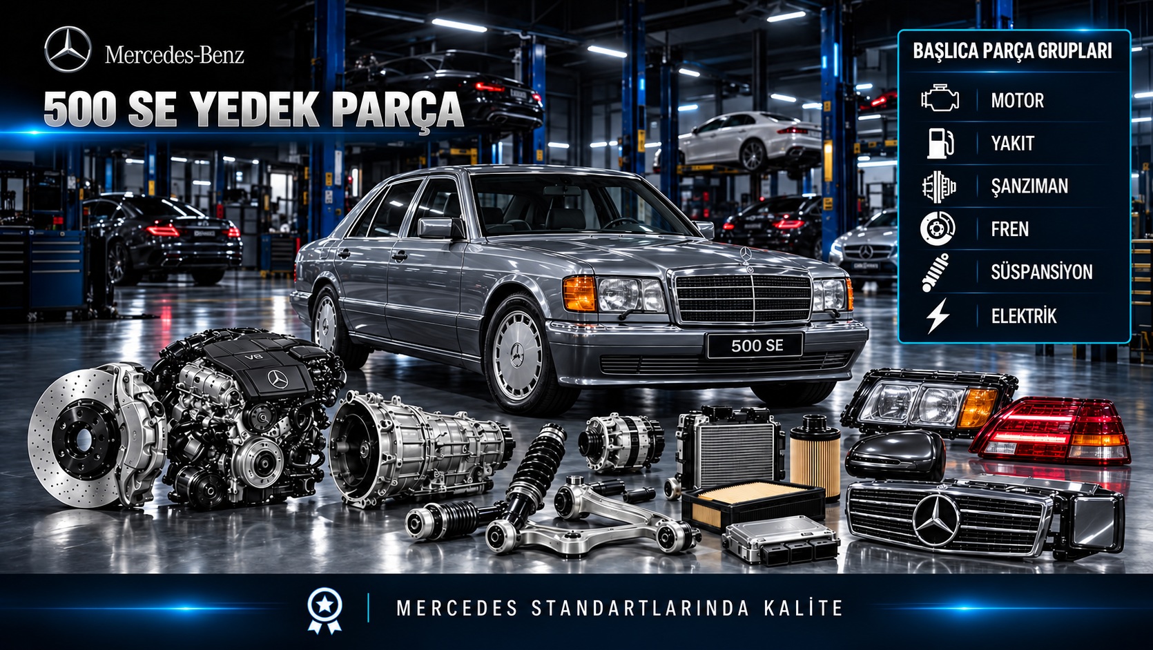 Mercedes-Benz 500 SE için motor, bakım, fren ve klasik S-Serisi parçalarını gösteren kategori bannerı