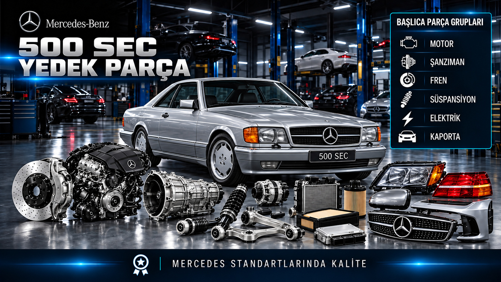 Mercedes-Benz 500 SEC coupe motor, bakım, fren, süspansiyon ve gövde yedek parçaları