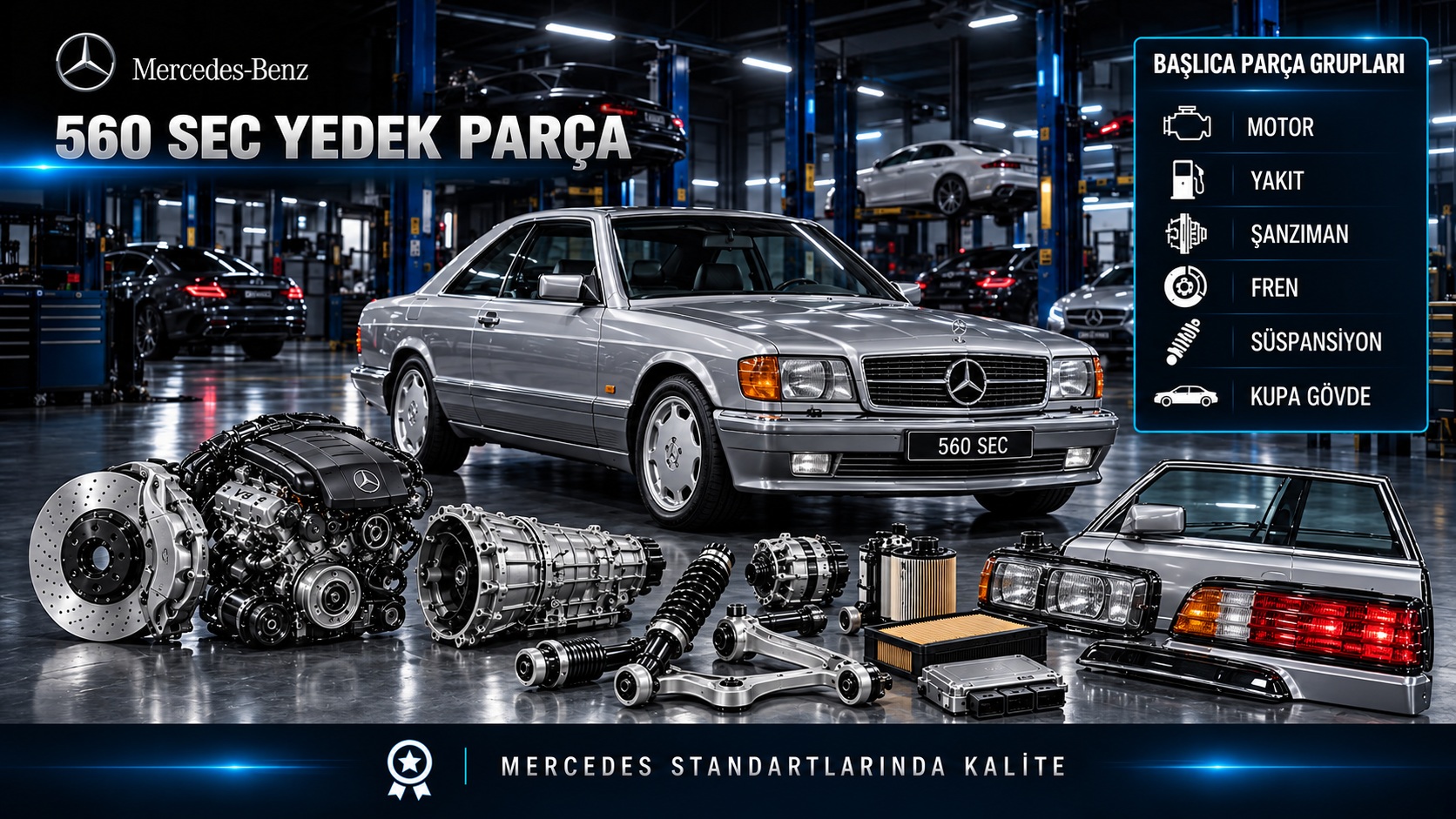 Mercedes-Benz 560 SEC coupe için motor, bakım, fren ve klasik gövde parçalarını gösteren kategori bannerı