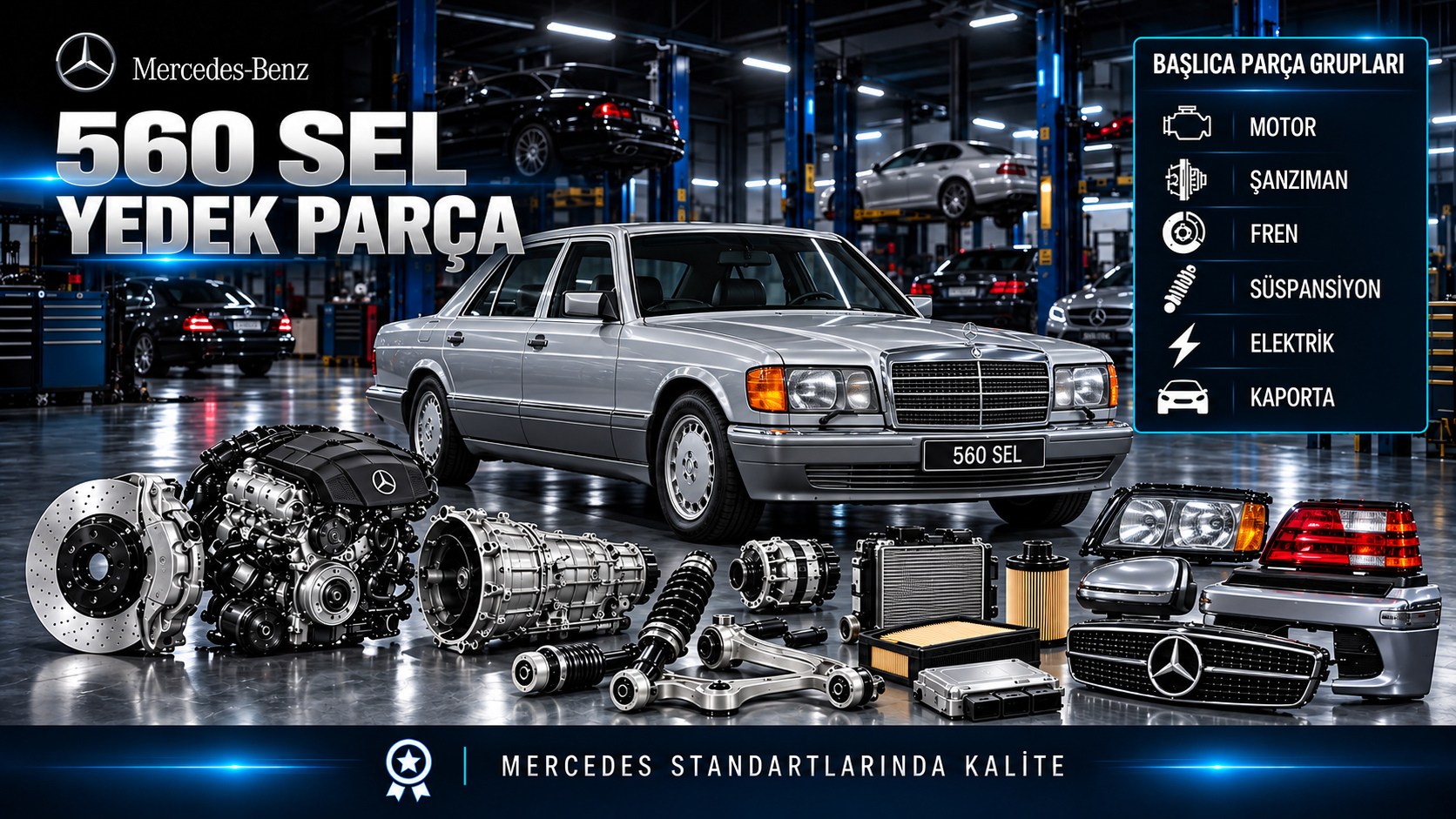 Mercedes-Benz 560 SEL uzun sedan motor, bakım, süspansiyon, gövde ve konfor parçaları