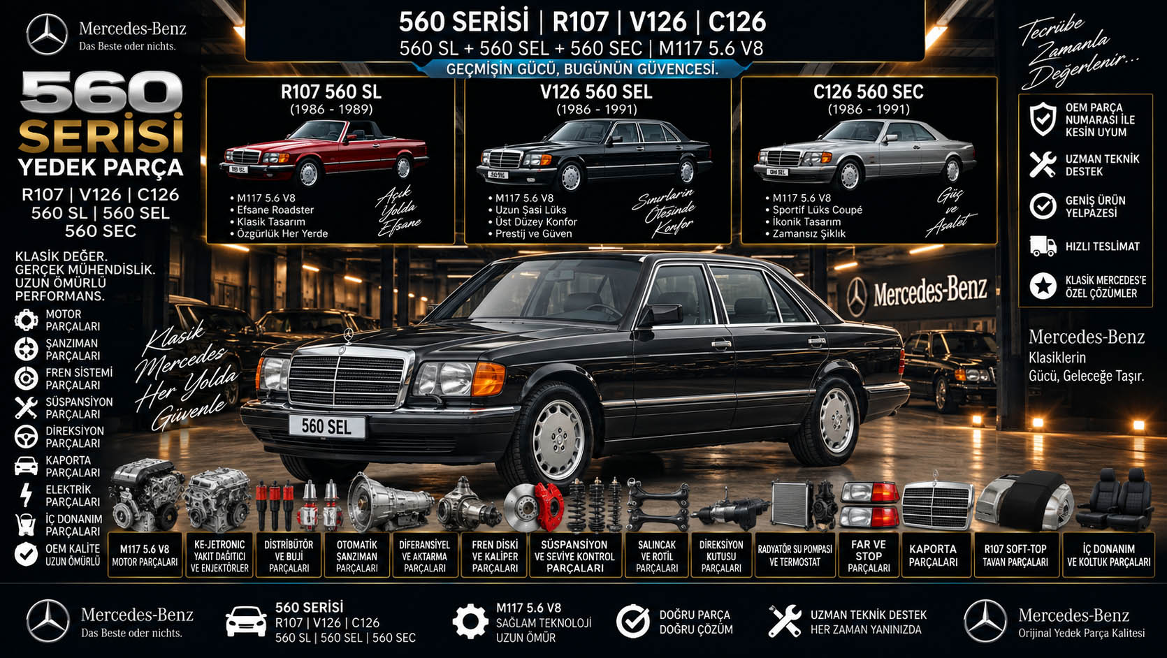 Mercedes 560 Serisi Yedek Parça Mercedes 560 Serisi yedek parça R107 V126 C126 560 SL 560 SEL 560 SEC M117 5.6 V8 motor şanzıman fren süspansiyon kaporta ve iç donanım parçaları