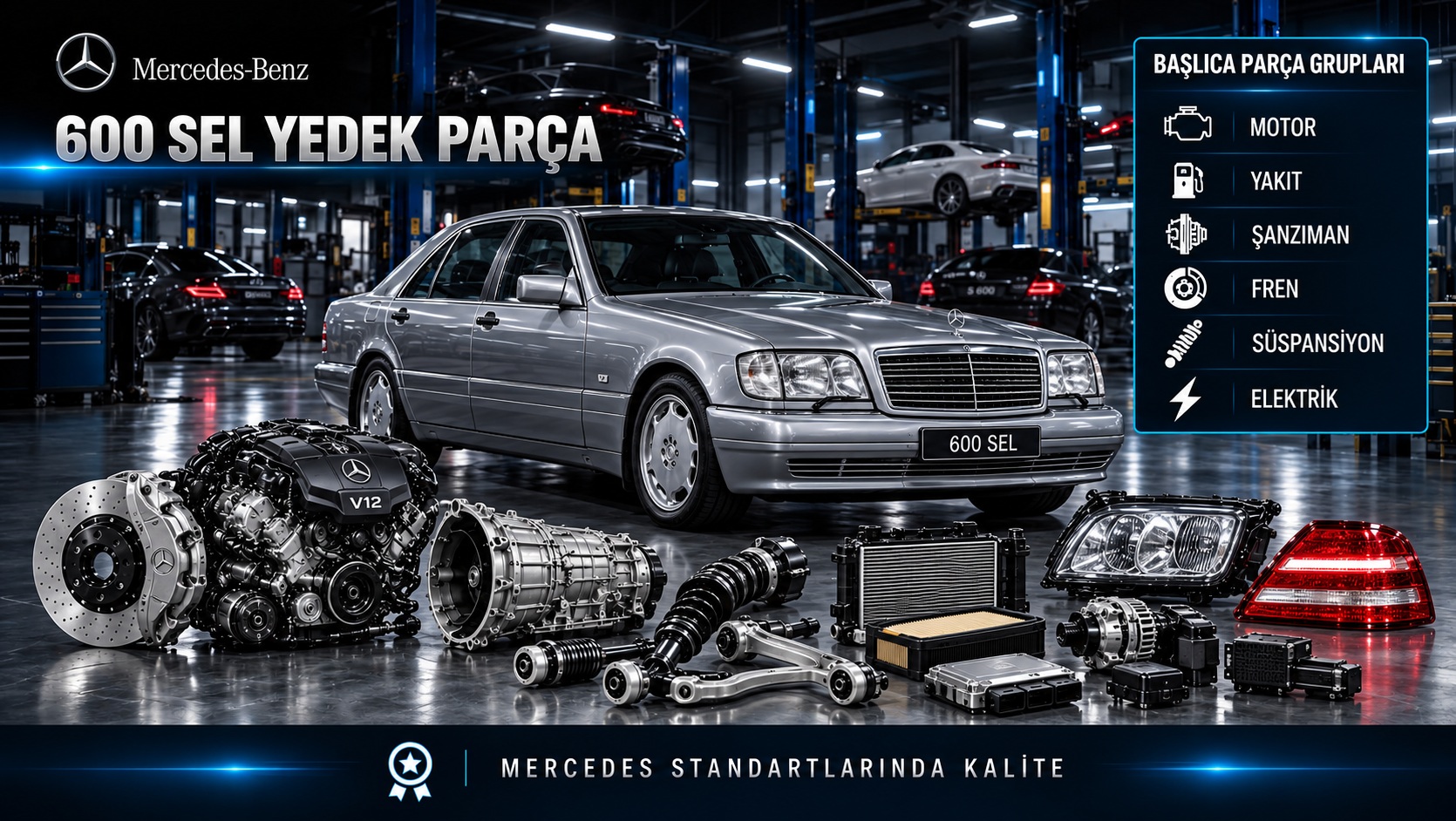 Mercedes-Benz 600 SEL için motor, bakım, süspansiyon ve lüks sedan parçalarını gösteren kategori bannerı