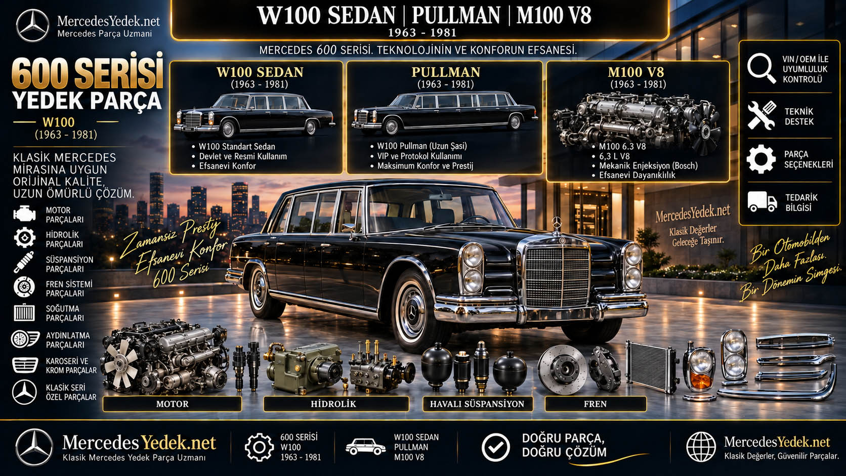 Mercedes 600 Serisi araç ve ilgili yedek parça gruplarını gösteren kategori bannerı