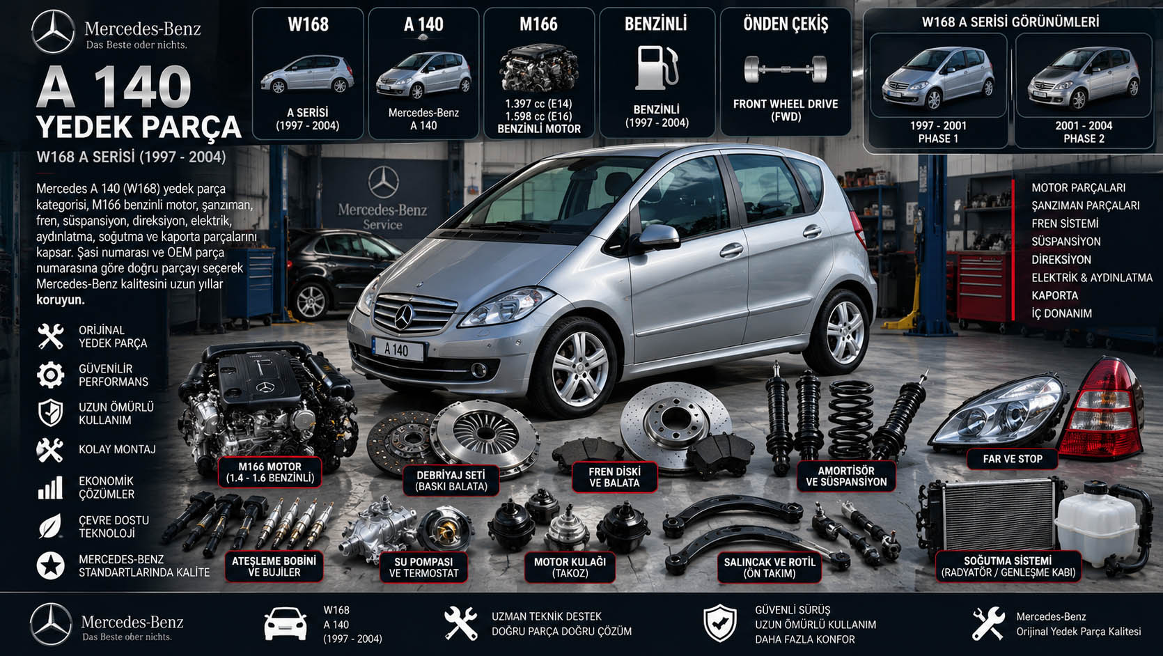 Mercedes A 140 W168 yedek parça motor fren süspansiyon şanzıman ve kaporta parçaları