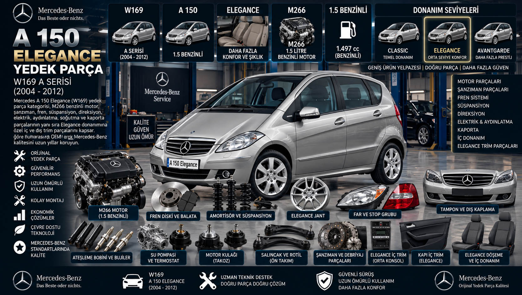 Mercedes A 150 Elegance W169 yedek parça M266 motor fren süspansiyon kaporta ve iç trim parçaları