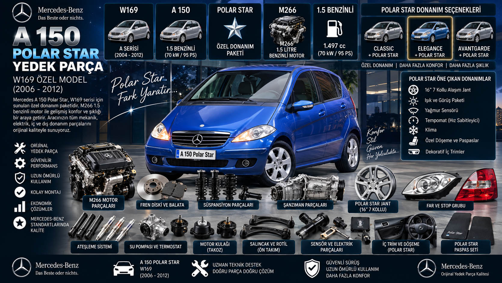 Mercedes A 150 Polarstar W169 yedek parça M266 motor fren süspansiyon Polar Star trim ve donanım parçaları