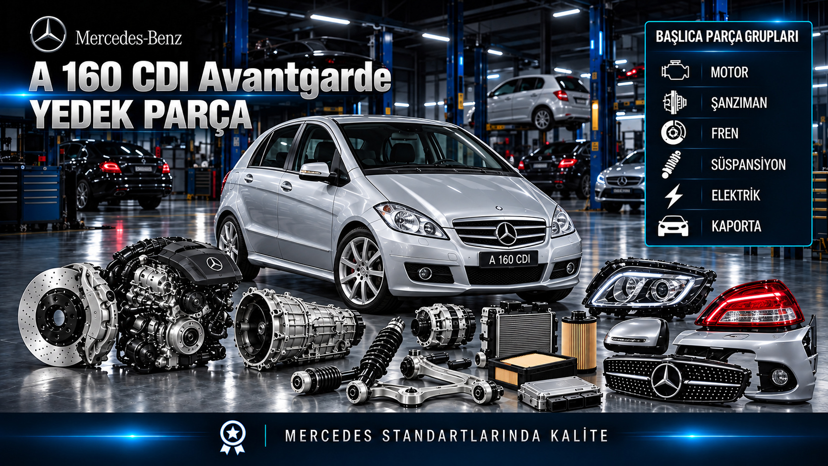 Mercedes A 160 CDI Avantgarde araç ve ilgili yedek parça gruplarını gösteren kategori bannerı
