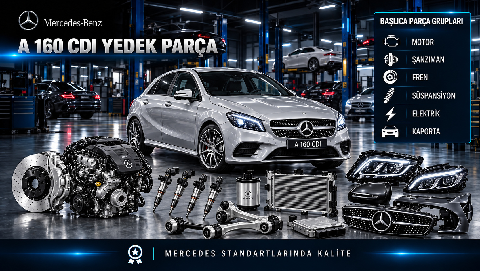 Mercedes A 160 CDI W168 W169 OM668 OM640 turbo dizel motor enjektör fren süspansiyon ve yedek parçaları