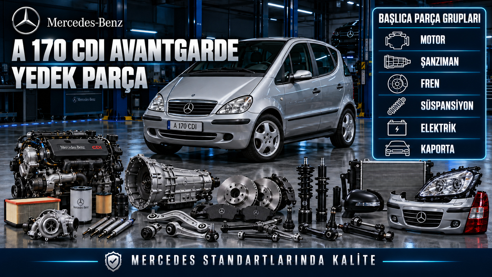 Mercedes A 170 CDI Avantgarde motor, filtre, fren ve süspansiyon yedek parçaları