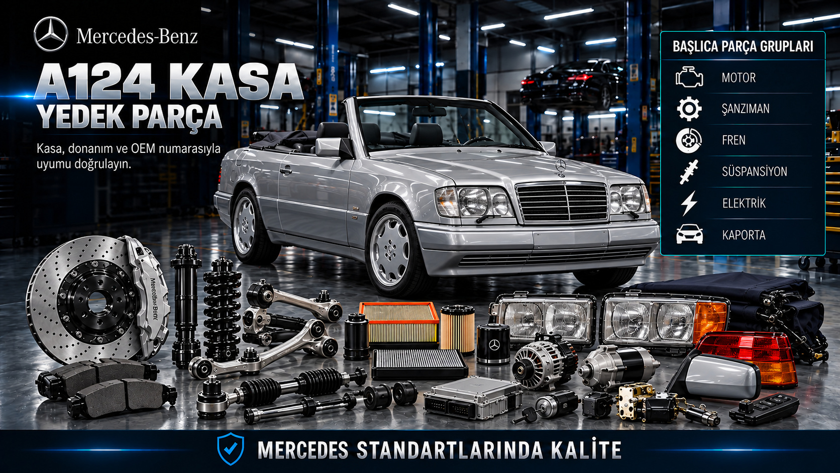 Mercedes A124 cabrio motor, tavan, fren, süspansiyon ve gövde parçaları