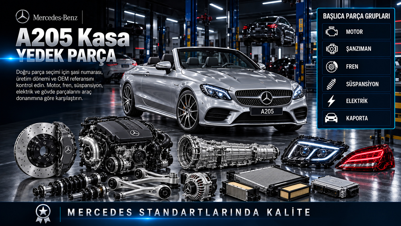 Mercedes A205 C Serisi cabriolet motor, açılır tavan, cam ve süspansiyon parçaları