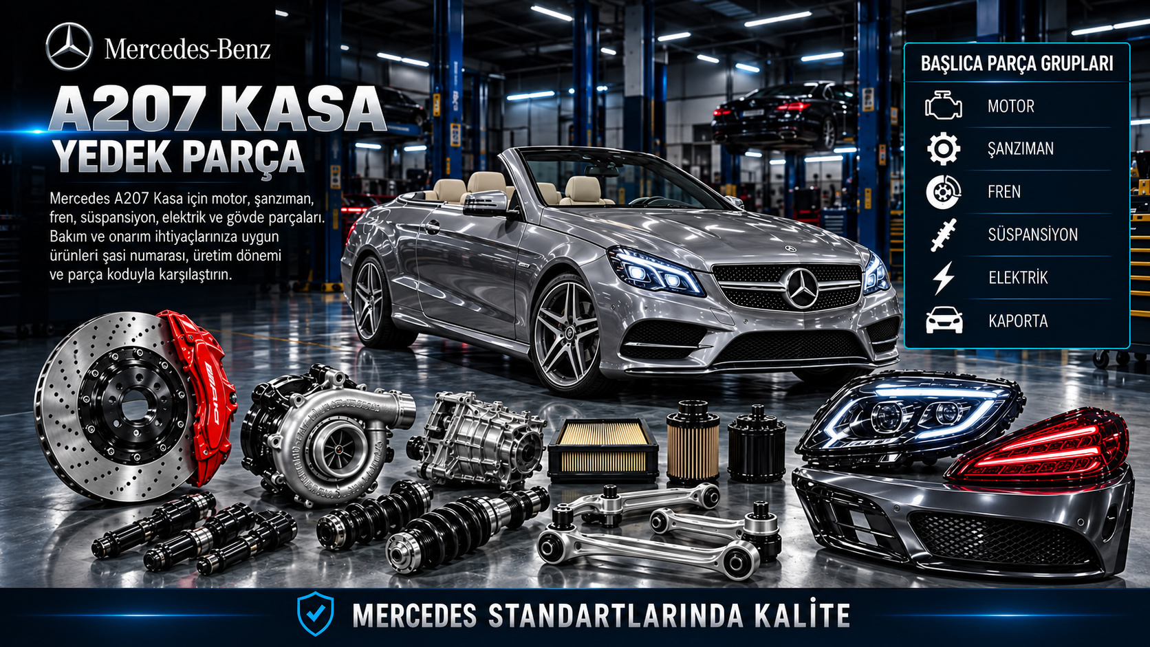 Mercedes A207 E Serisi cabriolet motor, tavan mekanizması, fren ve gövde parçaları