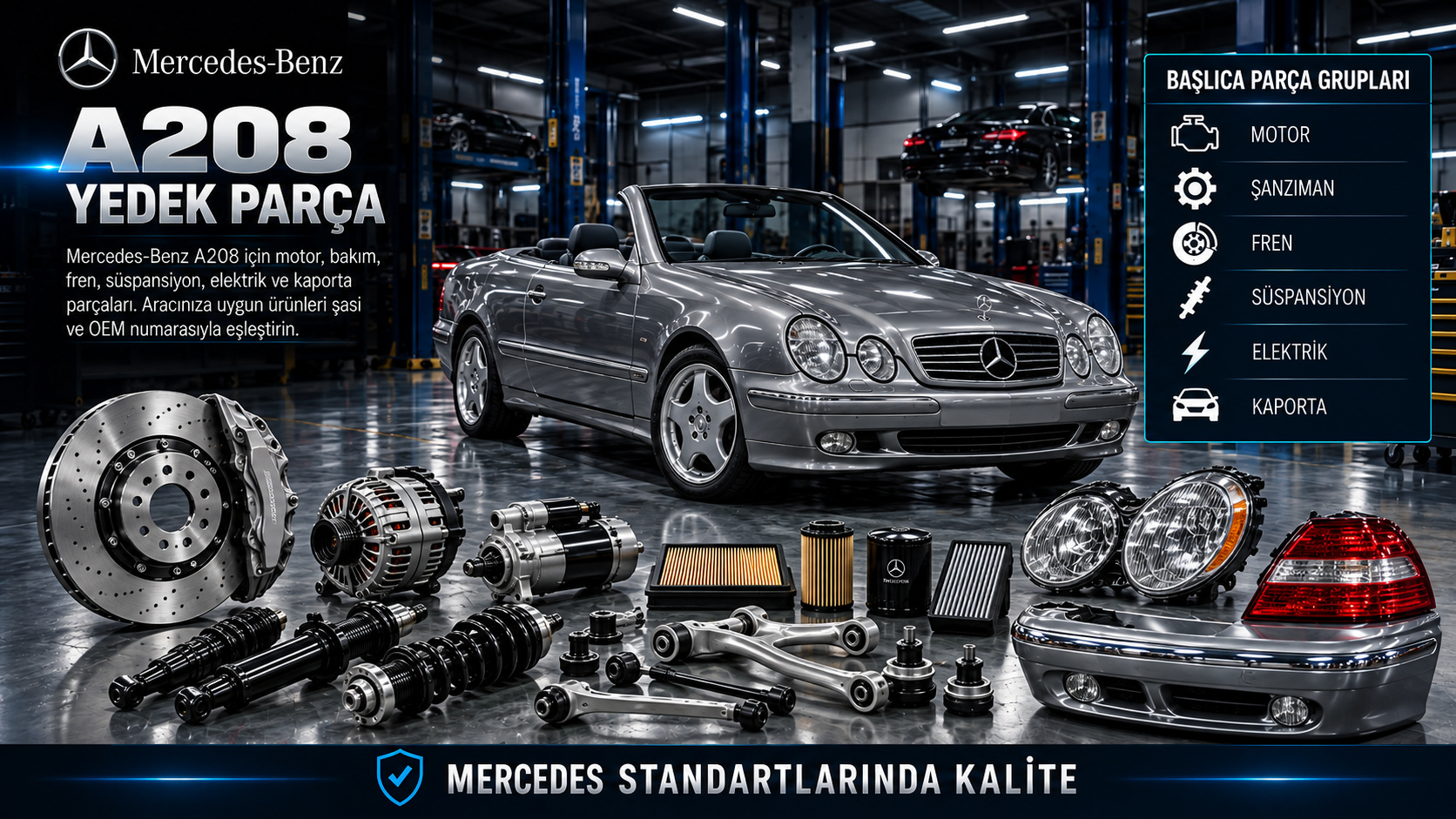 Mercedes-Benz A208 CLK Cabriolet için motor, fren, süspansiyon ve açılır tavan parçaları
