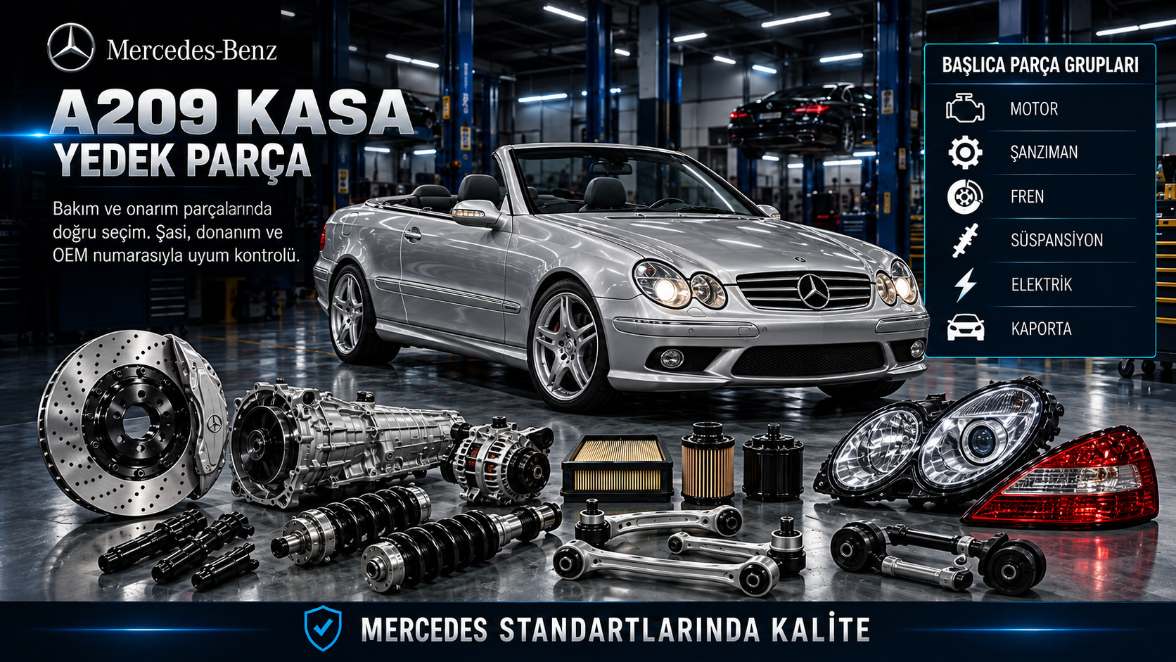 Mercedes A209 CLK cabrio motor, şanzıman, fren, süspansiyon, açılır tavan ve gövde parçaları