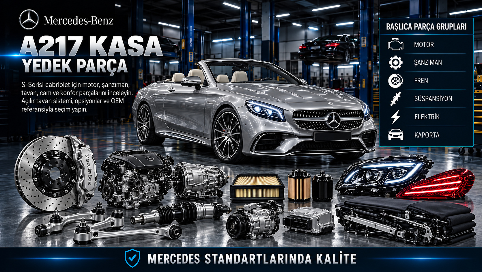 Mercedes A217 S-Serisi cabriolet motor, şanzıman, açılır tavan, cam ve konfor parçaları