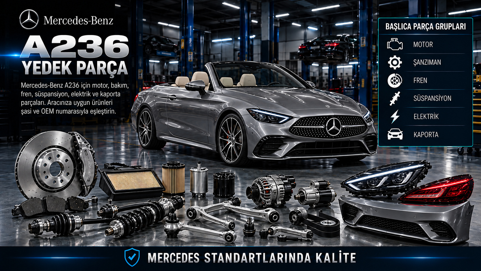 Mercedes-Benz A236 CLE Cabriolet için motor, fren, süspansiyon, elektronik ve tavan parçaları