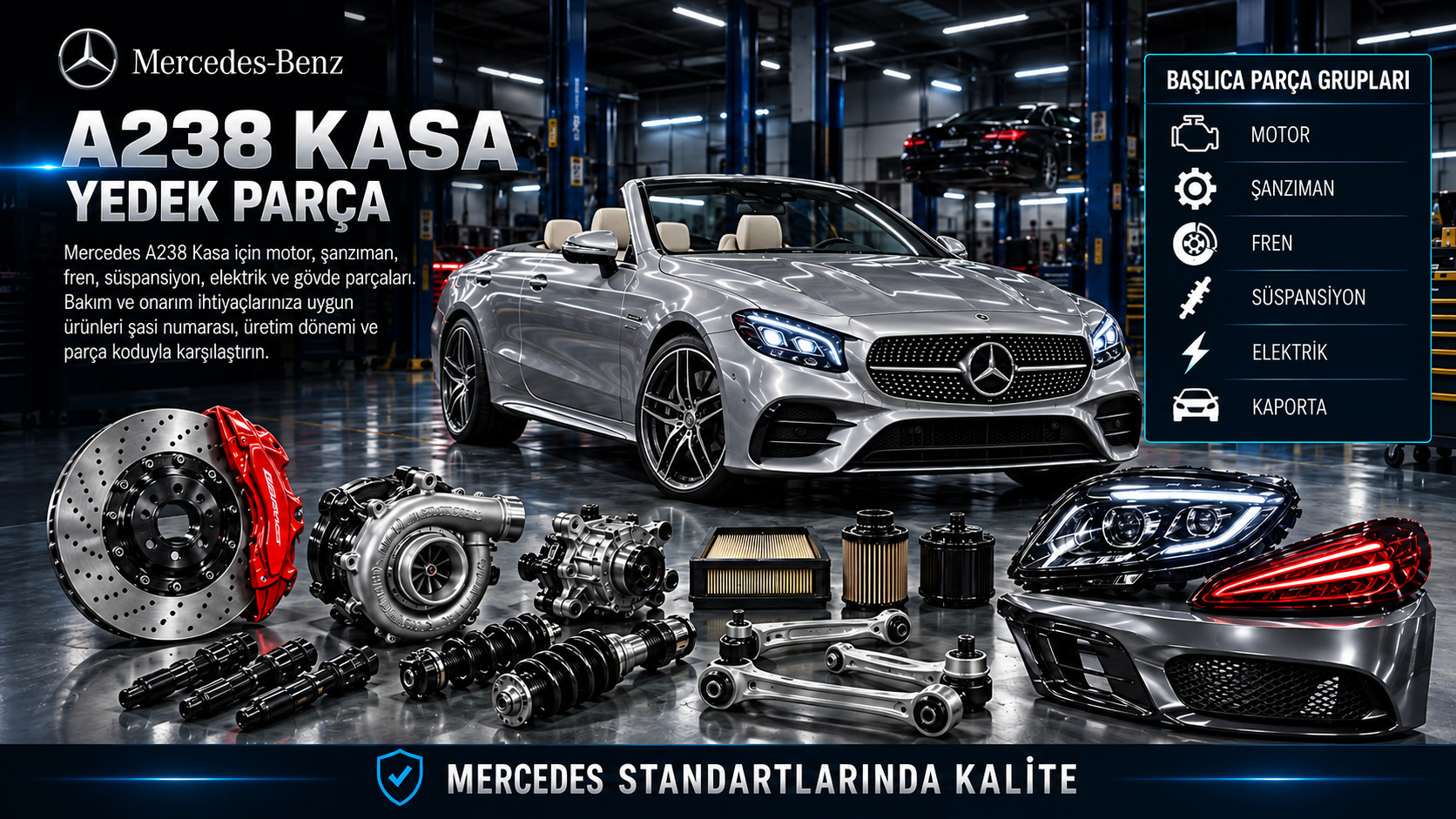 Mercedes A238 E Serisi cabriolet motor, tavan, cam, fren ve gövde parçaları
