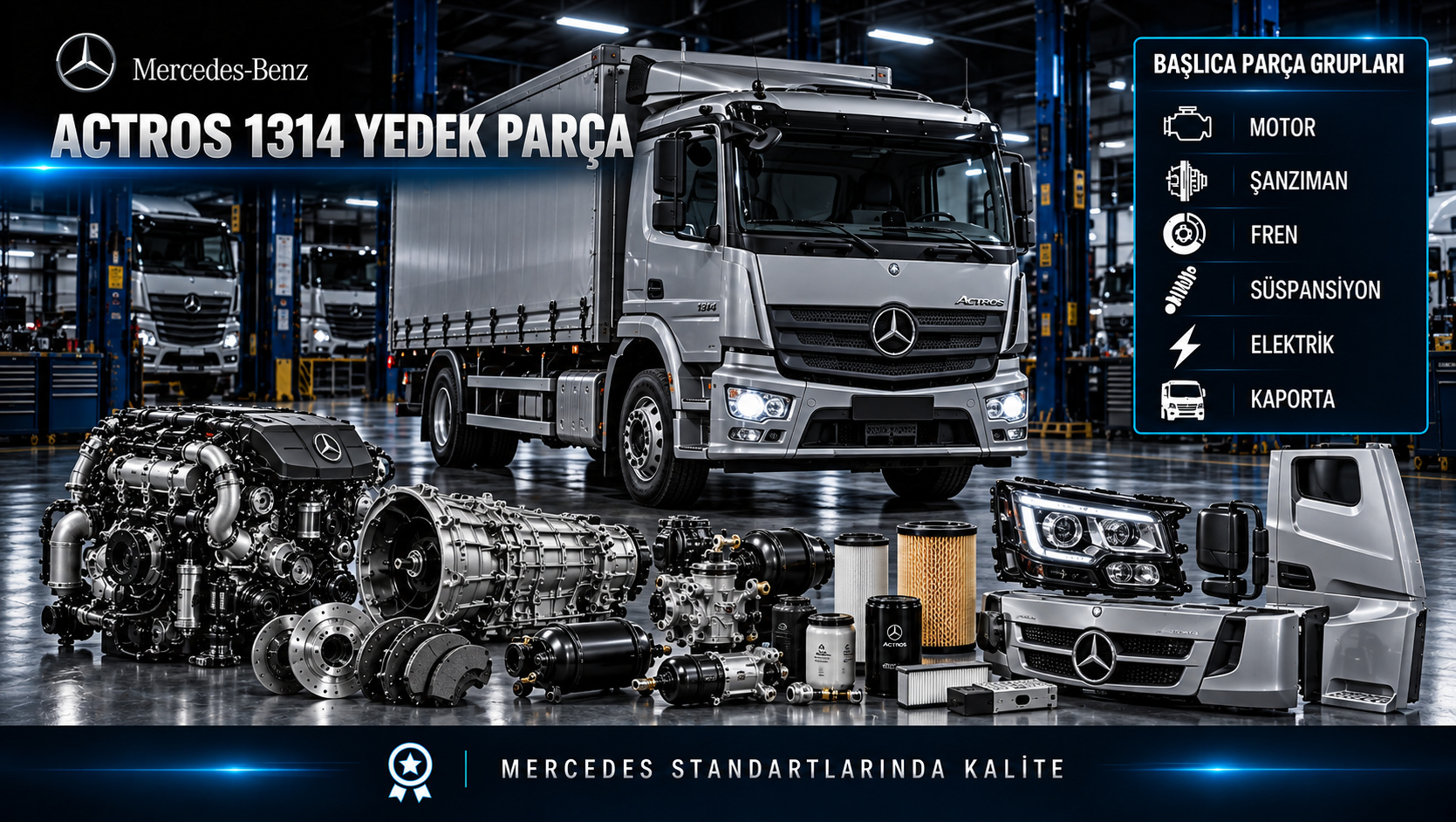 Mercedes-Benz Actros 1314 için motor, şanzıman, fren, süspansiyon ve kabin yedek parça gruplarını gösteren kategori görseli