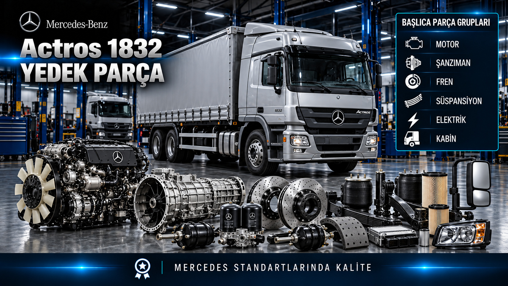 Mercedes-Benz Actros 1832 kamyon için motor, filtre, hava fren, süspansiyon ve kabin parçaları
