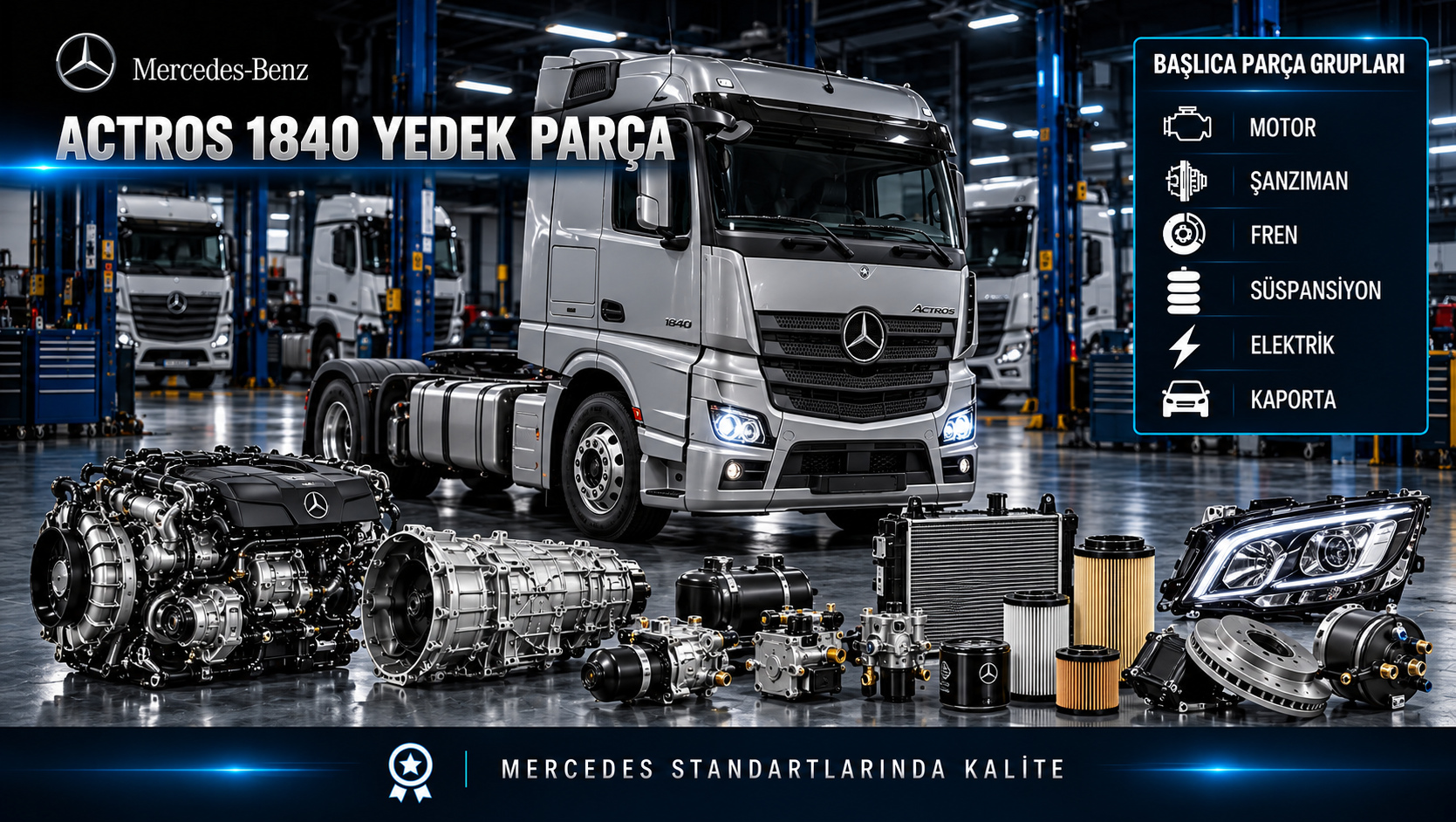 Mercedes-Benz Actros 1840 çekici için motor, şanzıman, hava fren sistemi, süspansiyon ve kabin parçalarını gösteren kategori görseli
