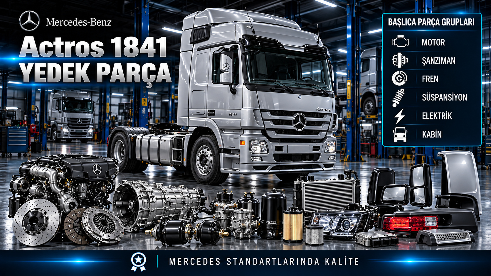 Mercedes-Benz Actros 1841 çekici için motor, filtre, hava fren, aktarma ve kabin parçaları