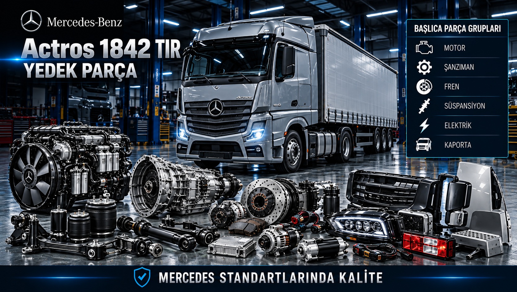 Mercedes-Benz Actros 1842 çekici için motor, şanzıman, fren ve kabin parçaları