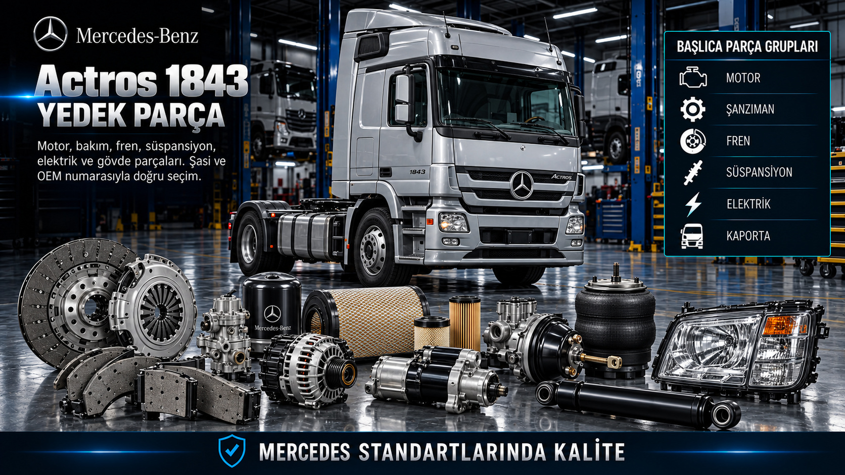 Mercedes Actros 1843 çekici motor, şanzıman, havalı fren, süspansiyon ve kabin yedek parçaları