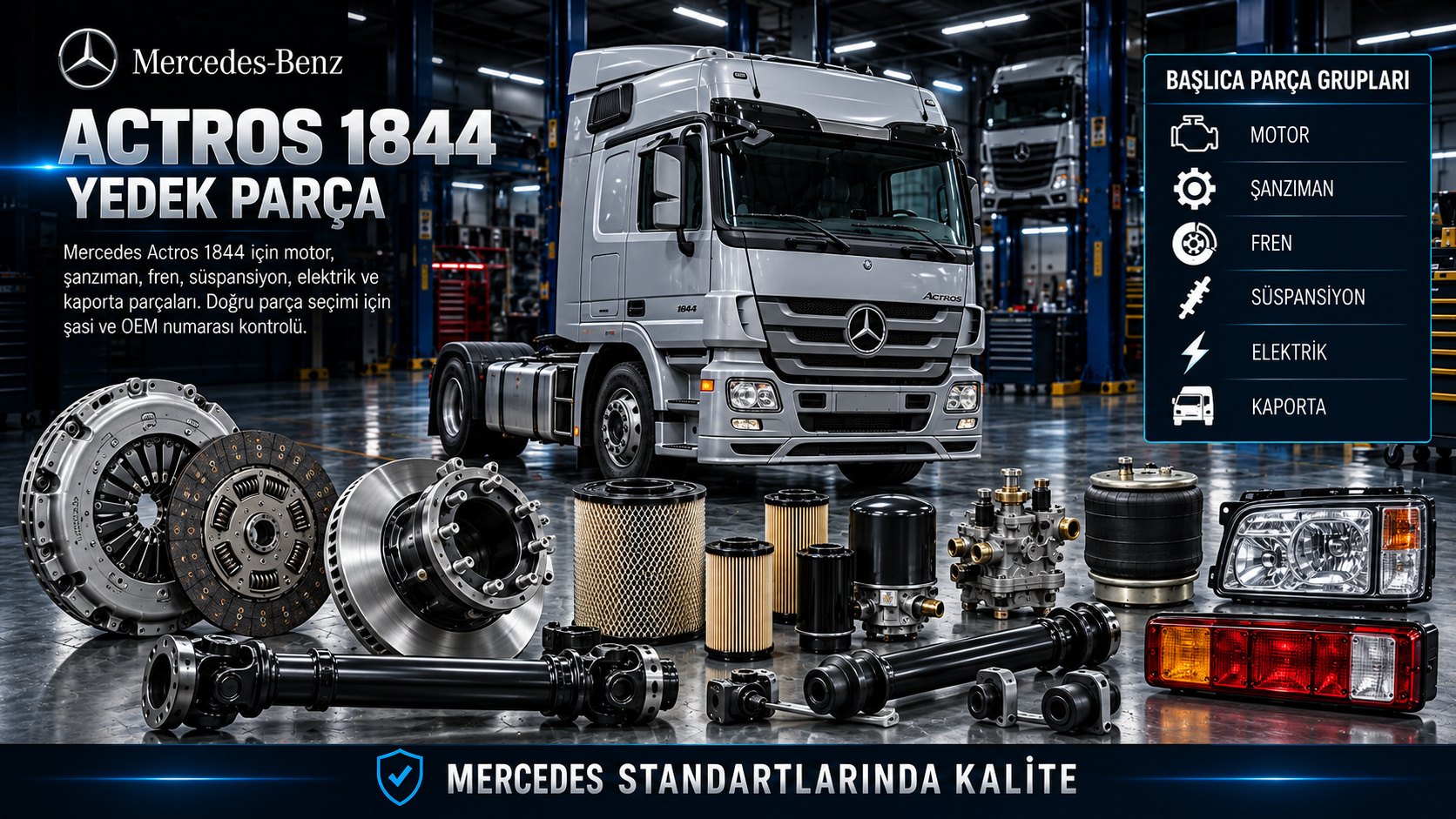 Mercedes Actros 1844 çekici motor, şanzıman, fren ve hava sistemi parçaları