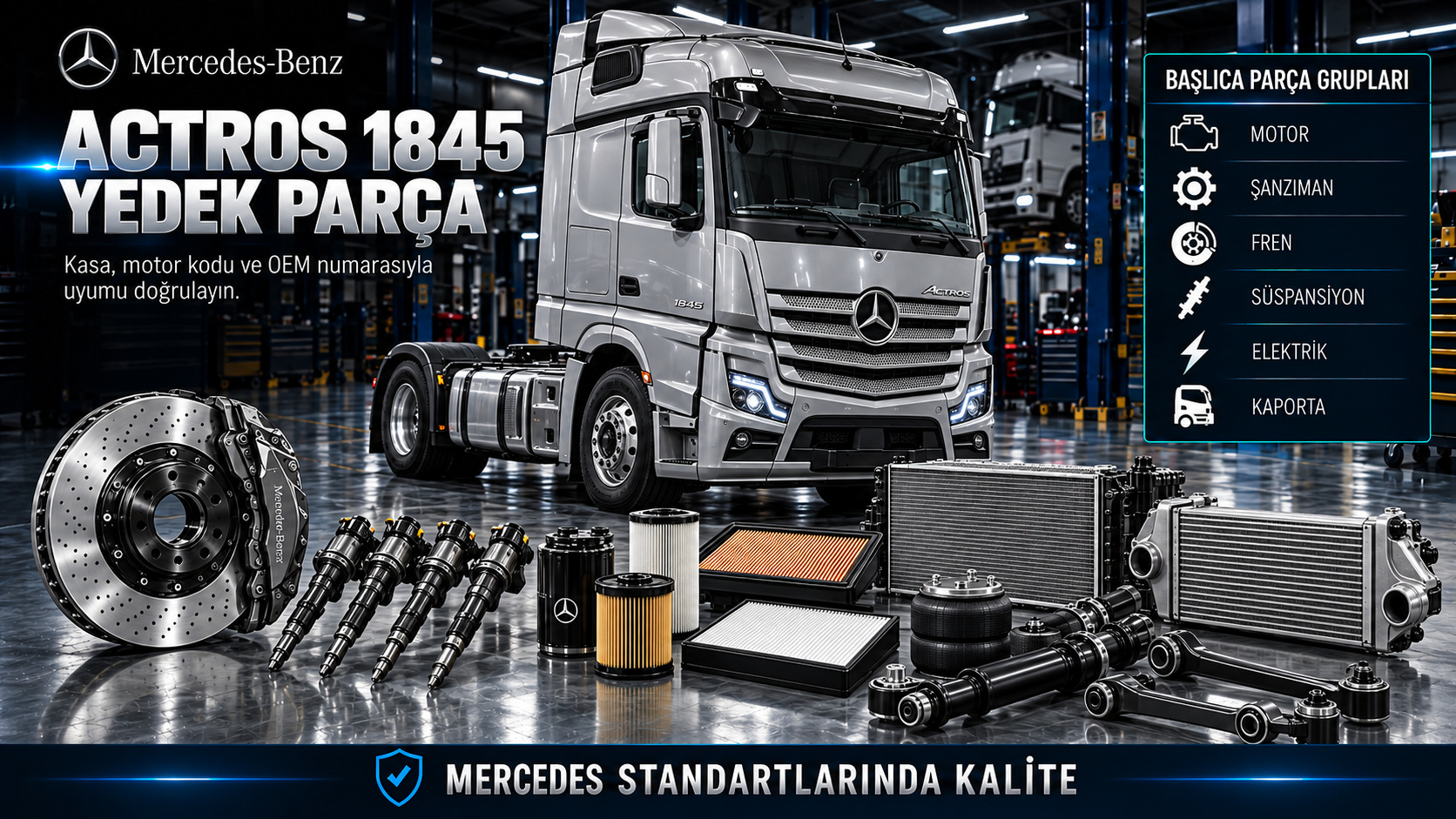 Mercedes Actros 1845 çekici dizel motor, şanzıman, emisyon sistemi, fren ve kabin parçaları