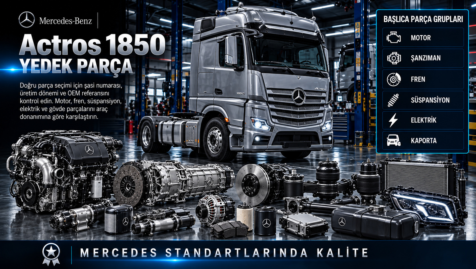 Mercedes Actros 1850 Yedek Parça: motor, aktarma, fren, süspansiyon ve gövde parçaları