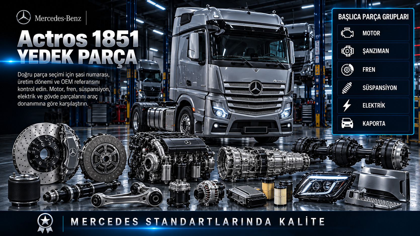Mercedes Actros 1851 Yedek Parça: motor, aktarma, fren, süspansiyon ve gövde parçaları