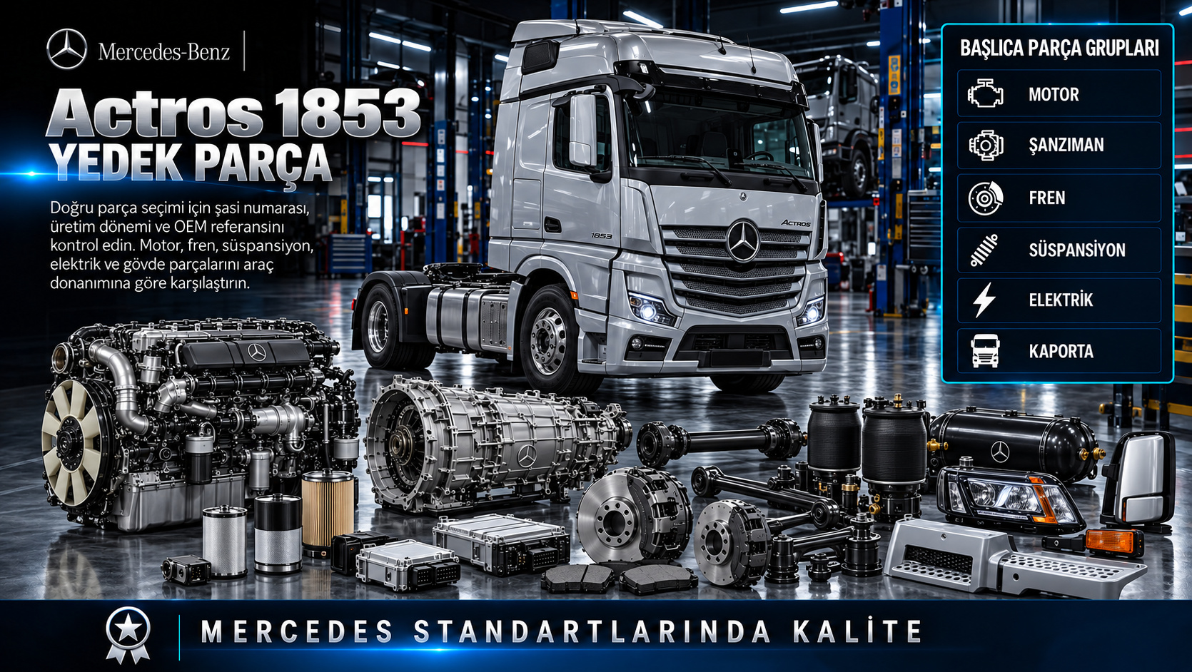 Mercedes Actros 1853 çekici motoru, şanzıman, hava süspansiyonu ve kabin parçaları