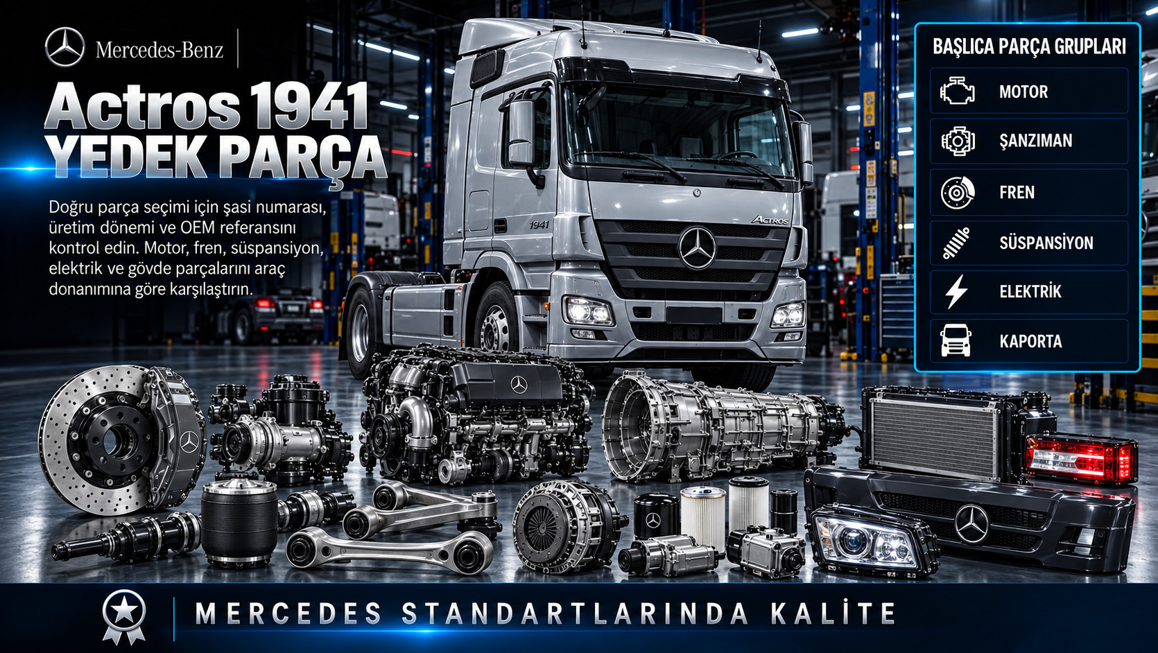 Mercedes Actros 1941 çekici motoru, şanzıman, havalı fren ve kabin yedek parçaları