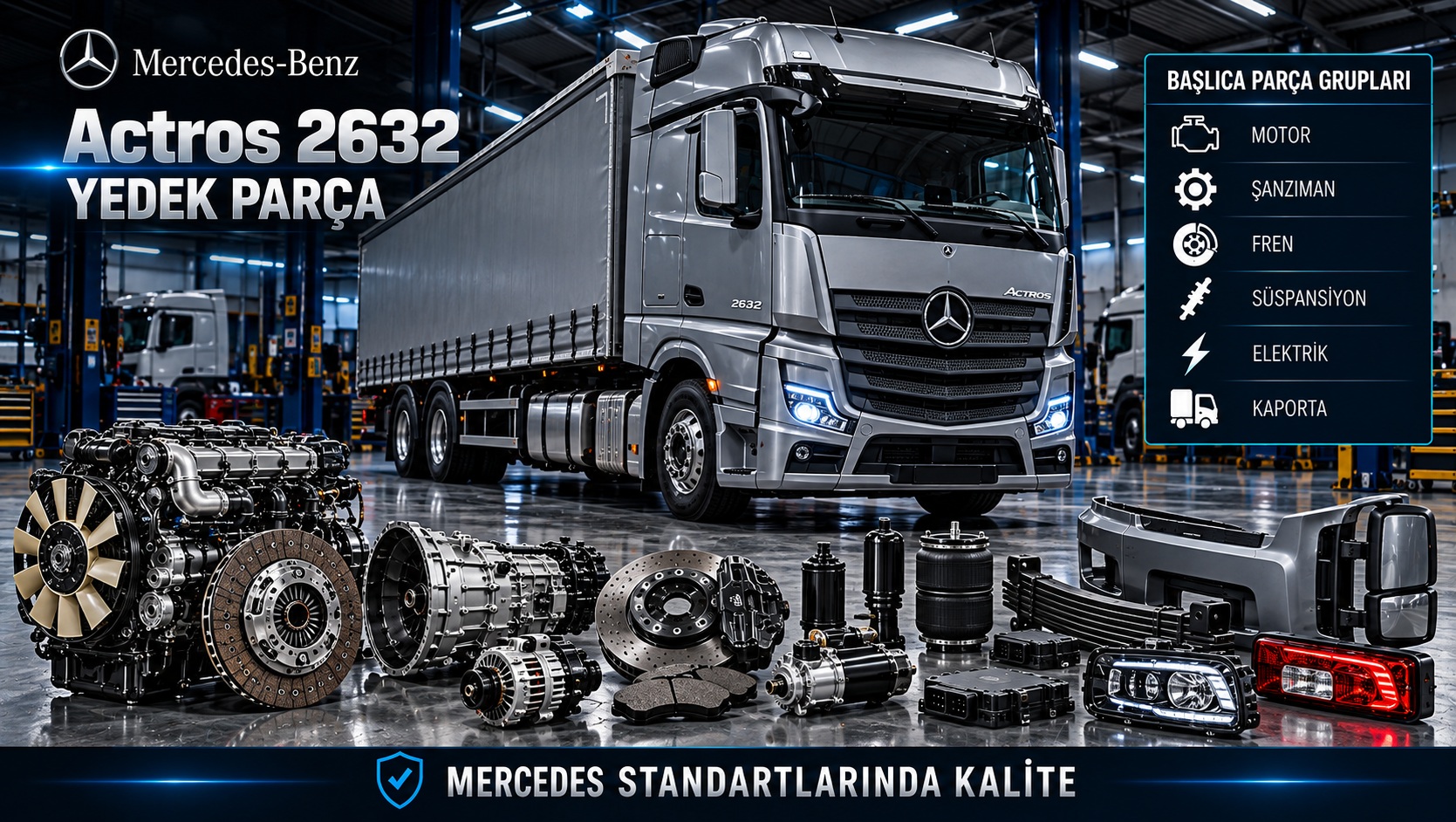 Mercedes-Benz Actros 2632 motor, şanzıman, fren, süspansiyon ve kabin yedek parçaları