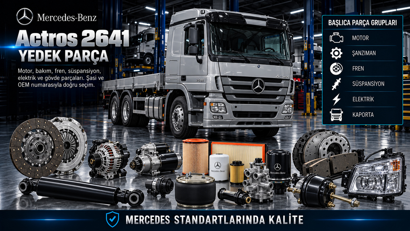 Mercedes Actros 2641 ağır vasıta motor, şanzıman, havalı fren, aks ve kabin yedek parçaları