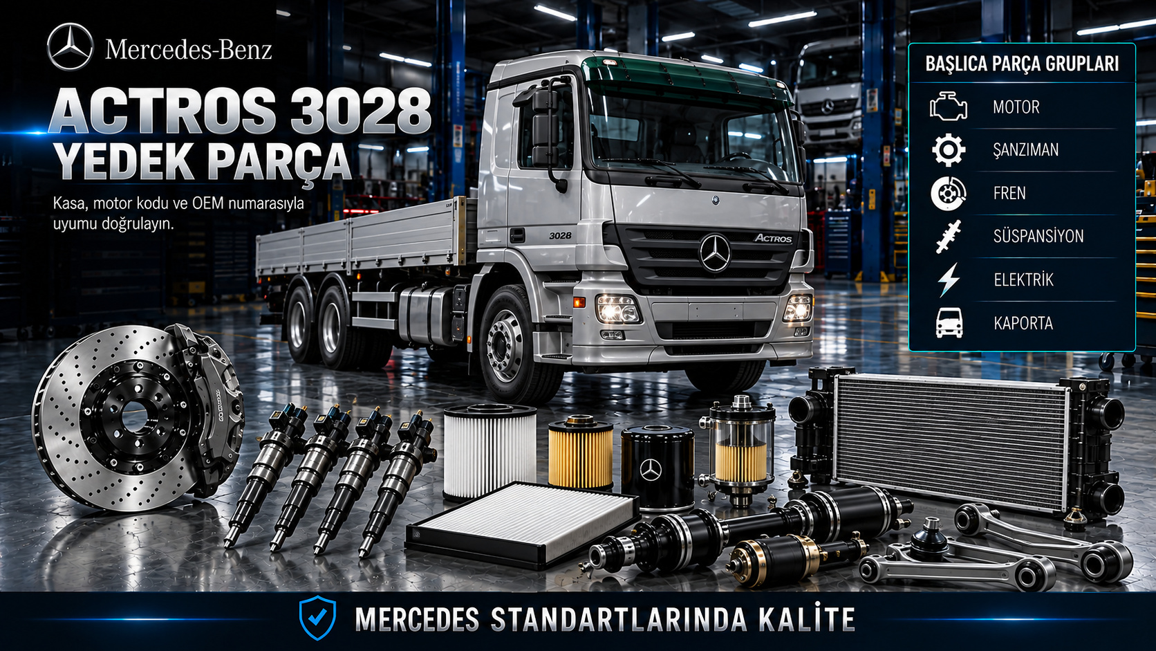 Mercedes Actros 3028 kamyon dizel motor, hava sistemi, fren, aks ve kabin parçaları