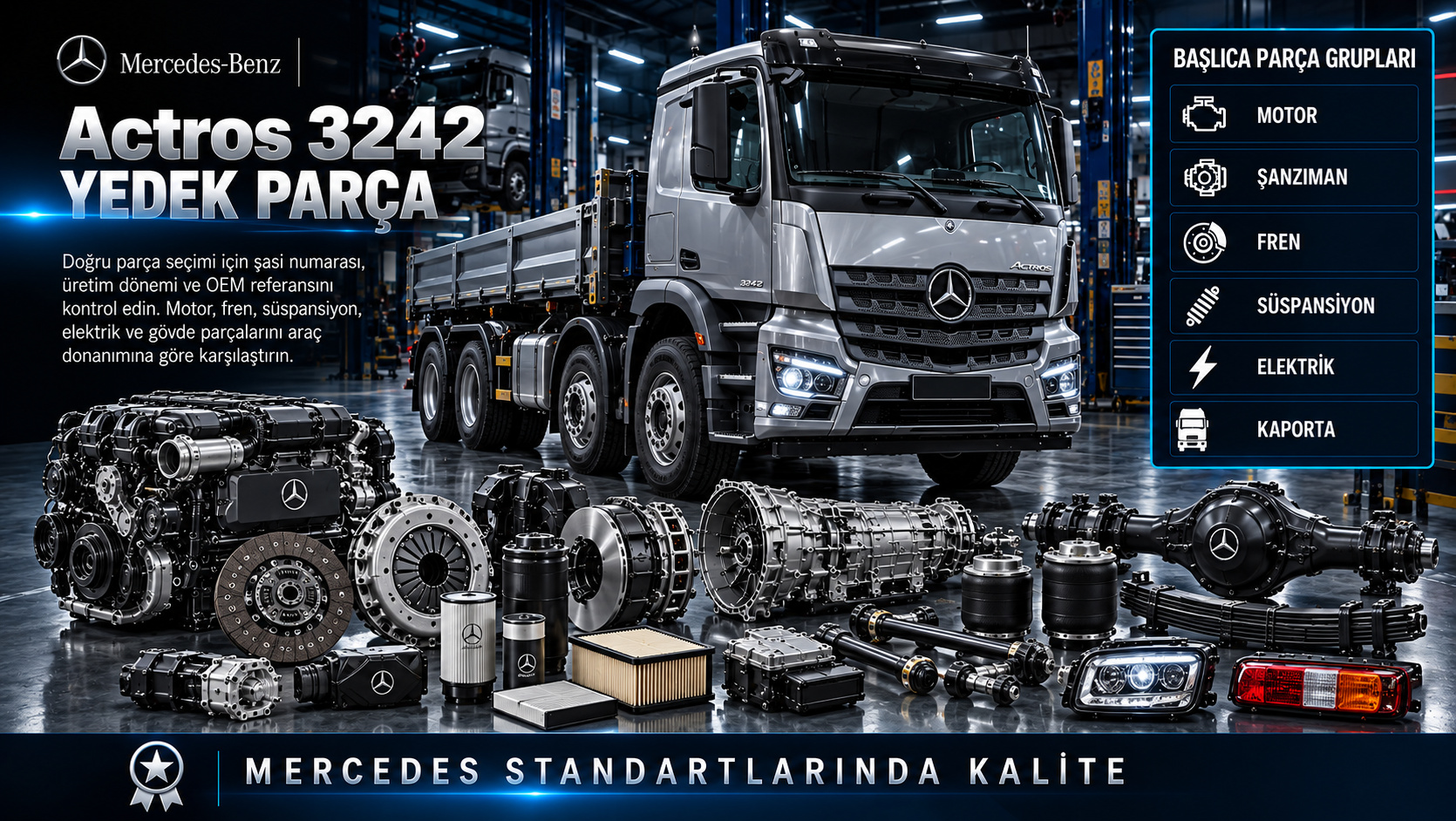 Mercedes Actros 3242 Yedek Parça: motor, aktarma, fren, süspansiyon ve gövde parçaları