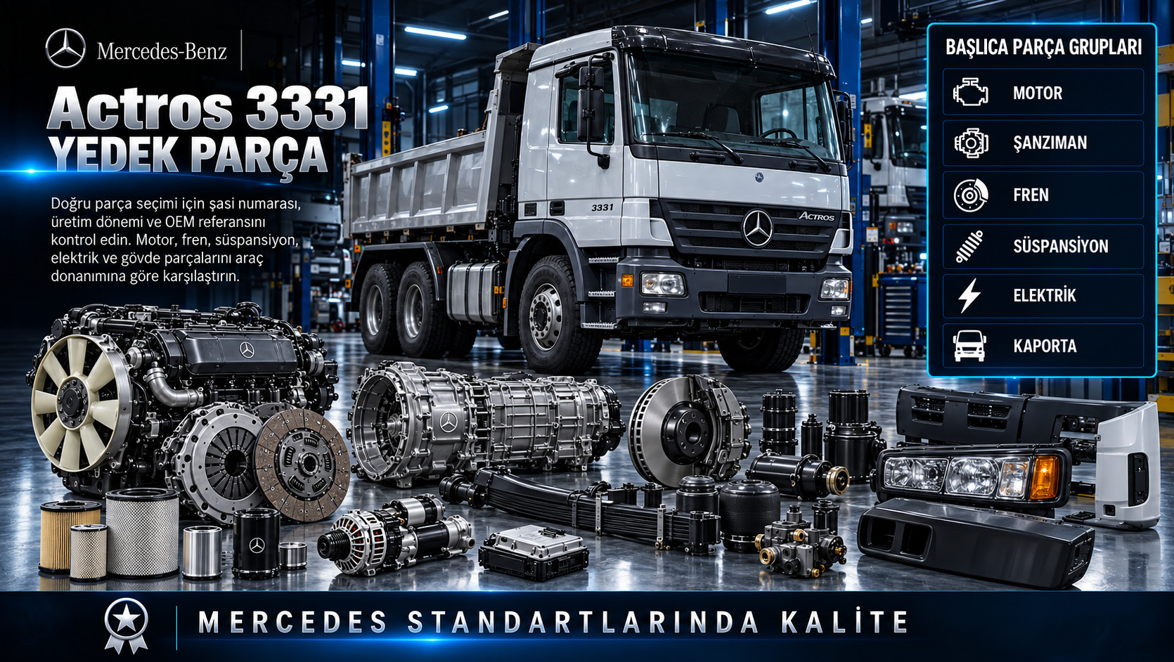 Mercedes Actros 3331 Yedek Parça: motor, aktarma, fren, süspansiyon ve gövde parçaları