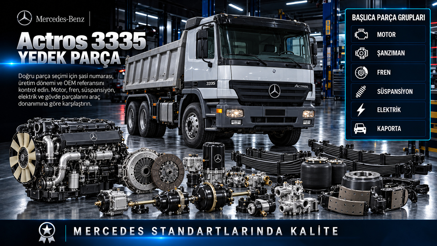 Mercedes Actros 3335 ağır hizmet motoru, havalı fren, makas, aks ve kabin parçaları