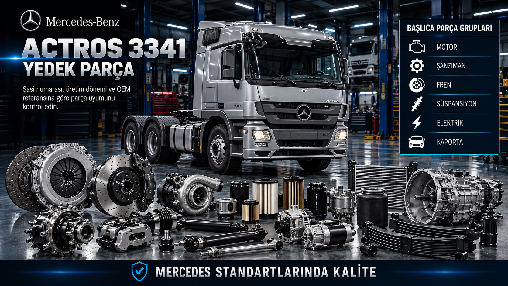 Mercedes Actros 3341 motor, debriyaj, şanzıman, diferansiyel, hava fren ve kabin parçaları