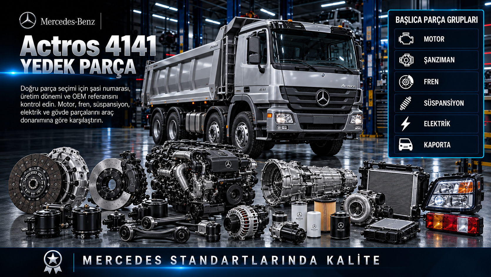 Mercedes Actros 4141 ağır hizmet motoru, havalı fren, aks, makas ve kabin parçaları