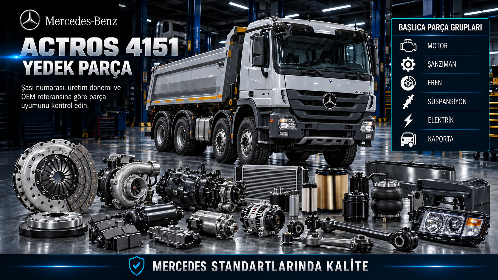 Mercedes Actros 4151 ağır ticari motor, aktarma, hava fren, süspansiyon ve kabin parçaları