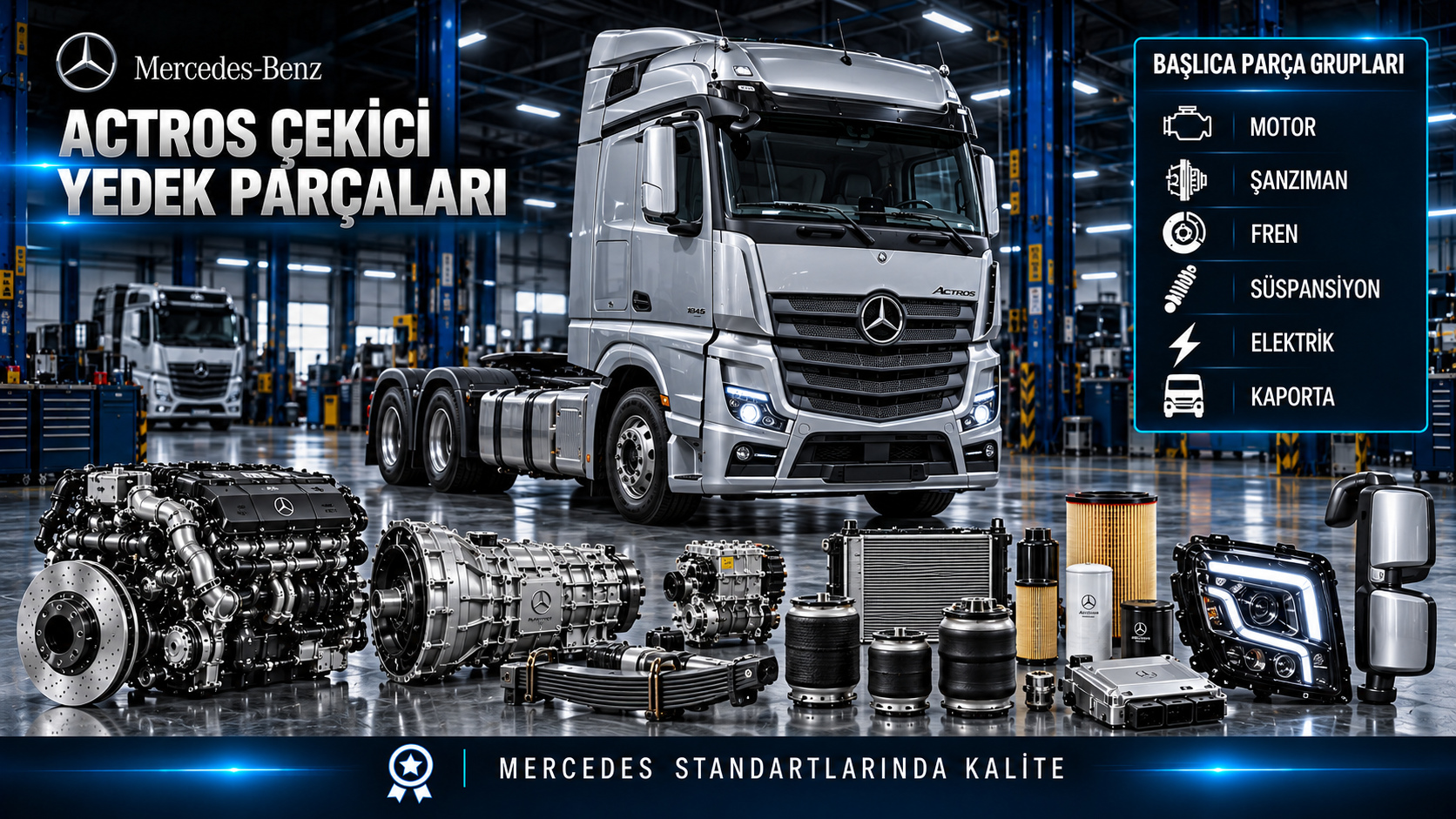 Mercedes Actros Çekici için kategoriye uygun tahrik, bakım, fren, süspansiyon ve gövde parçaları