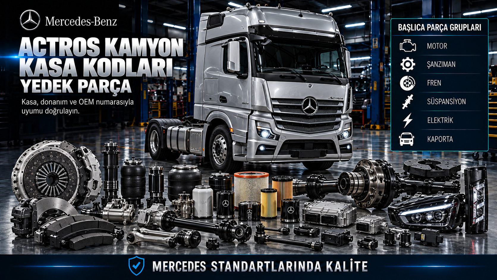 Mercedes Actros kamyon kabin, motor, şanzıman, fren ve aks parçaları
