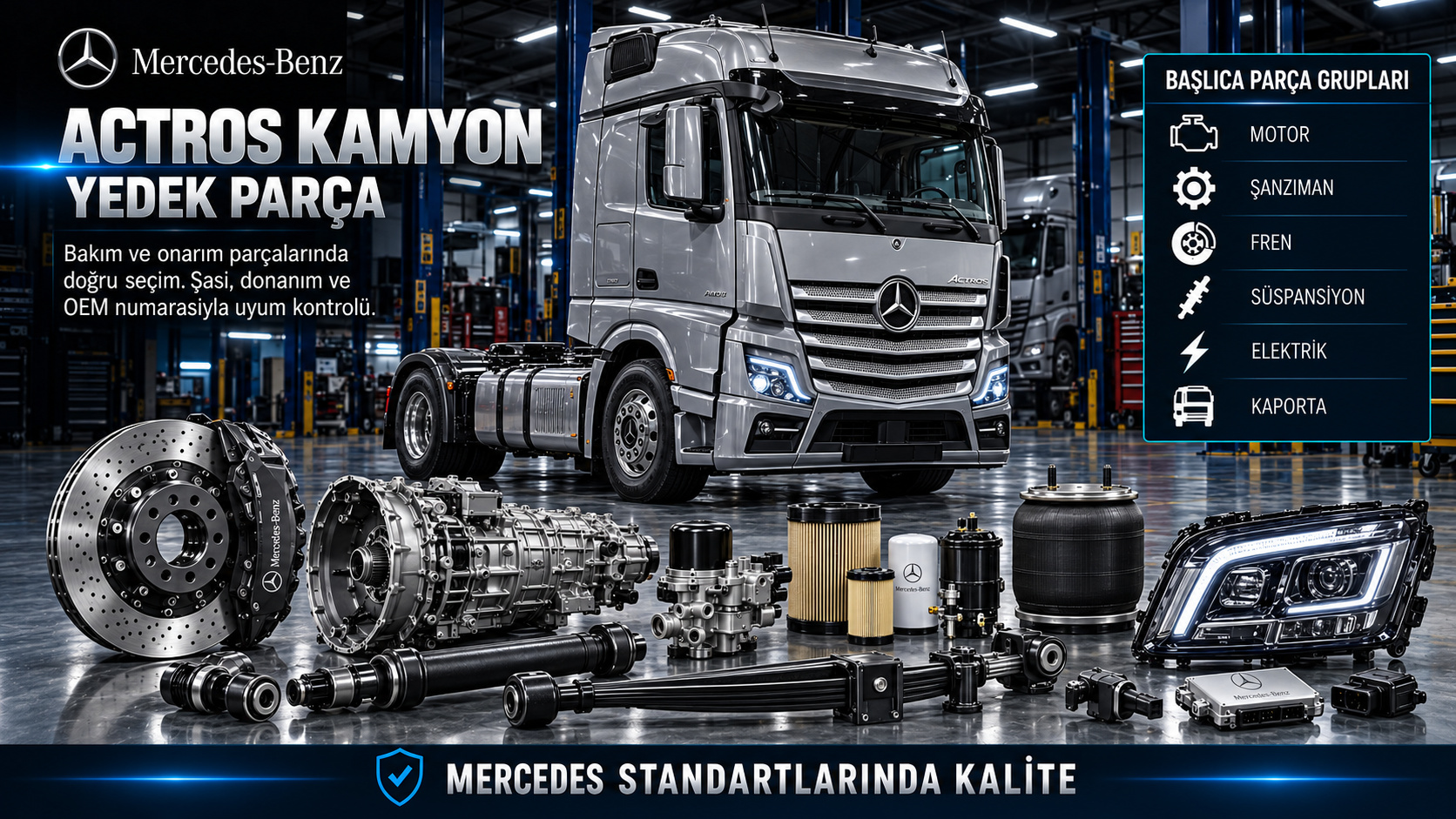 Mercedes Actros kamyon motor, filtre, şanzıman, fren, hava sistemi, süspansiyon, aks ve kabin parçaları