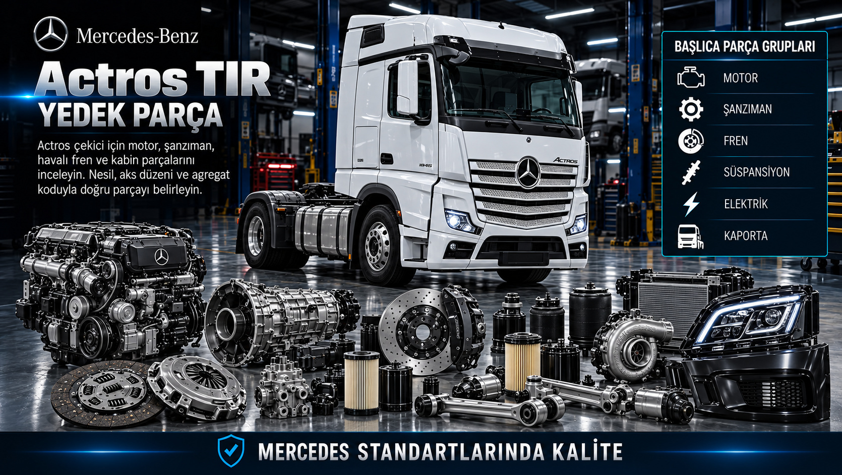 Mercedes Actros TIR Yedek Parça: motor, aktarma, fren, süspansiyon ve gövde parçaları
