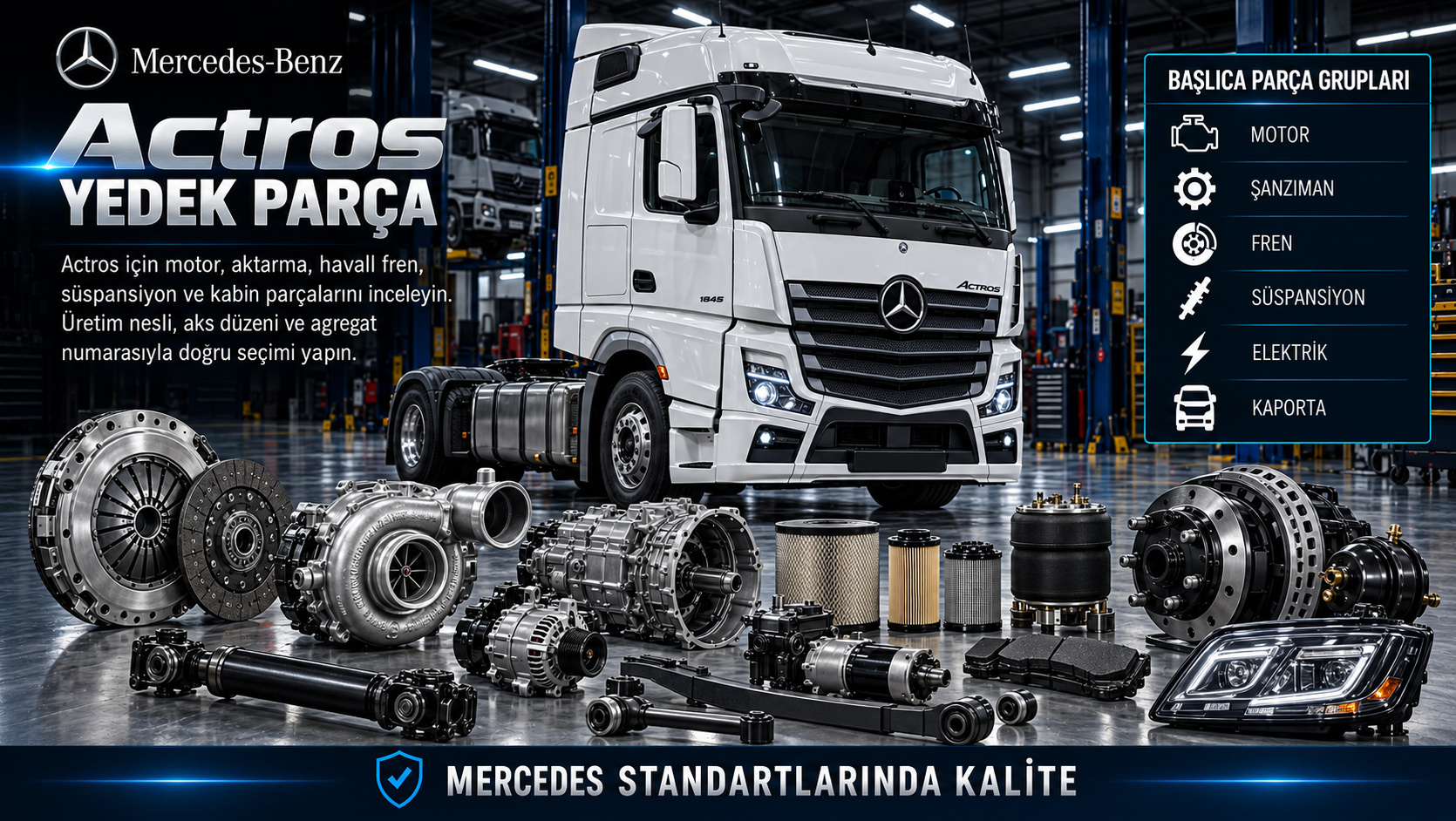 Mercedes Actros motor, şanzıman, havalı fren, süspansiyon ve kabin parçaları